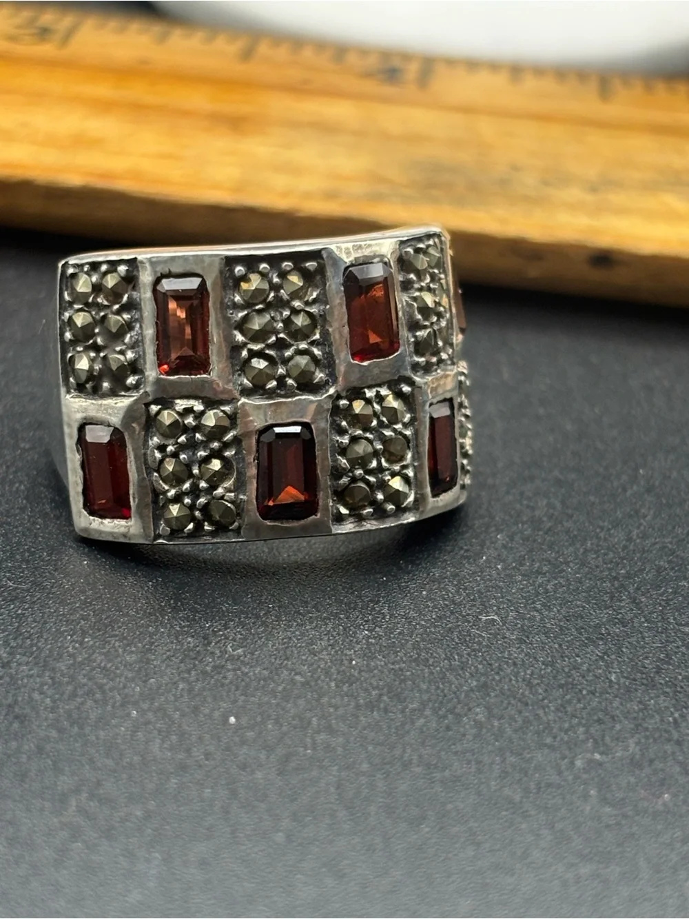 Sterling Silver Garnet & Marcasite Grid Band Ring - Red